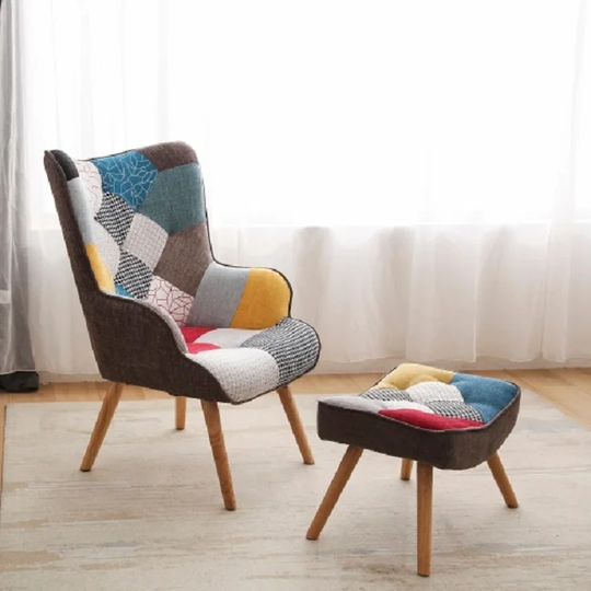 Chair and Ottoman, Accent Chairs for Bedroom, Modern Colourful and Patchwork Reading Chair with Solid Wood Legs
