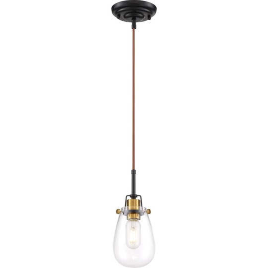 Toleo 1-Light Mini Pendant Fixture Black Finish with Vintage Brass Accents and Clear Glass