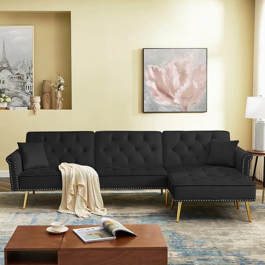 Velvet Upholstered Sectional Sofa with Movable Ottoman