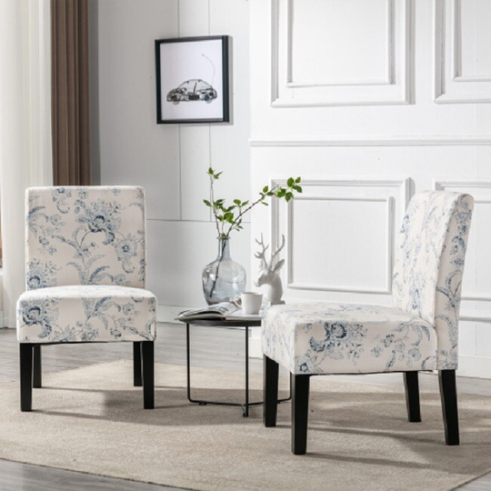 Traditional Fabric Accent Chair, Print, .Modern Slipper Side Chairs for Living Room Bedroom/Home Office, White/Blue/Floral