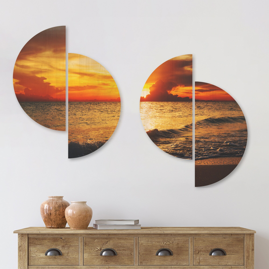 Designart 'Colorful Dramatic Sunset over Waves' Modern Beach Wood Wall Art Set of 4 Half Circles - Multi-Color