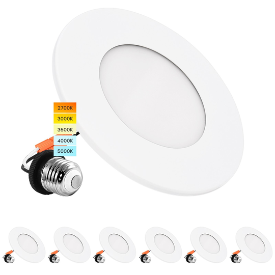 Luxrite 6-Pack 4" LED Recessed Light, 5 Color Selectable, Magnetic Trim, Dimmable, 500 LM, Wet Rated