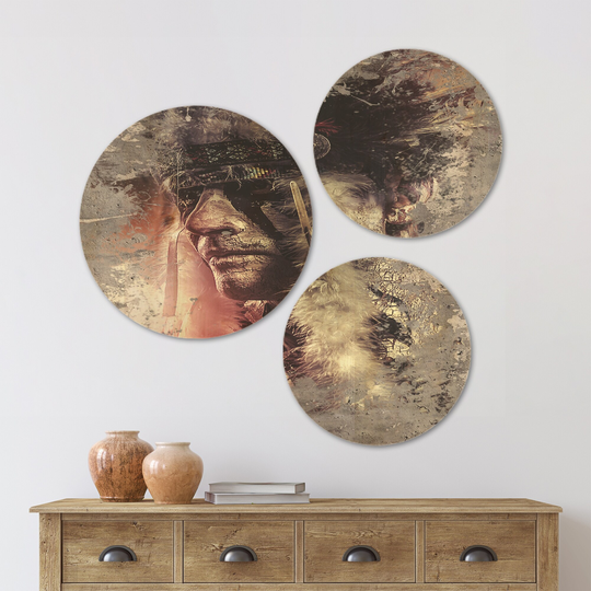 Designart 'Native American Indian Warrior' Abstract Portrait Wood Wall Art Set of 3 Circles - Multi-Color