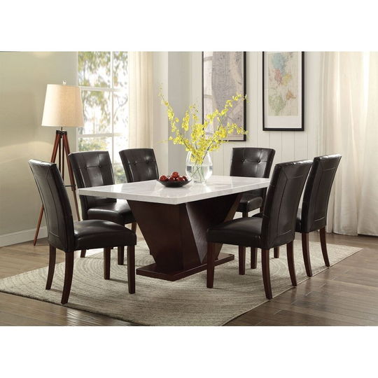 Rectangular White Marble Top Dining Table with V-Shaped Base, Chairs Not Included