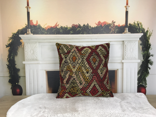 Nomadic Kilim Pillow, Embroidered Sofa Handmade Couch Ethnic Decorative Wool 18x18 Inches 4588