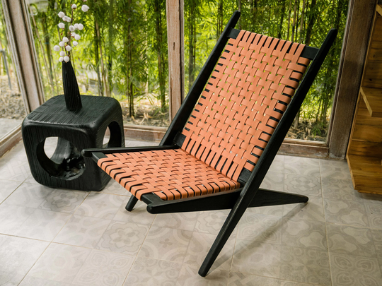 Lounge Chair Reclaimed Timber Vegetable Tan Leather Folding Hand-Made in Indonesia