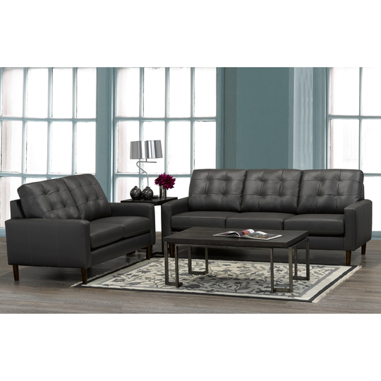 Gunner Mid Century Modern Dark Grey Top Grain Italian Leather Tufted Sofa and Loveseat