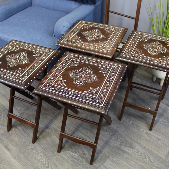 Natural Geo Decorative Set of 4 Tray Tables with Stand - White Diamond