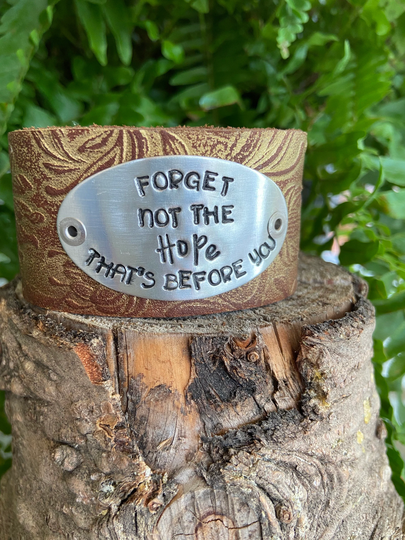 Leather Word Cuff-Gold Shimmer Florals-Forget Not The Hope That's Before YouWeathered Leather - -7 Inch Wrist