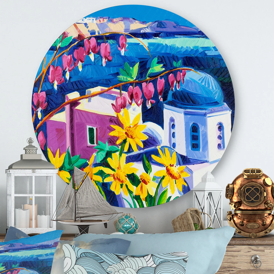 Designart 'Colorful Traditiona Santorini Churches' Nautical & Coastal Metal Circle Wall Art