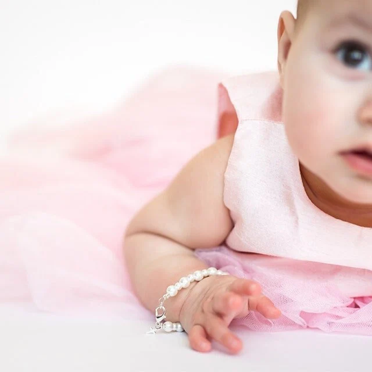 sterling Silver Cross Baptism Gift, Baby Keepsake Bracelet, Christening Communion Gift White Pearl Bracelet