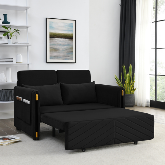 54" Convertible Sofa Bed with 2 Detachable Arm Pockets Velvet Loveseat Sofa with Pull Out Bed 2 Pillows & Adjustable Backrest