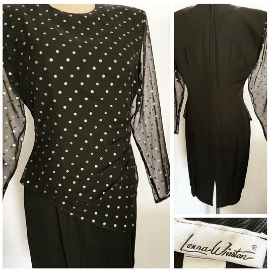stunning 80S Polka Dot Pencil Dress in Black & Gold Excellent Condition