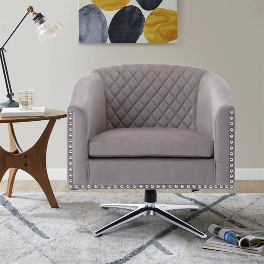 Velvet Swivel Barrel Chair Living Room Chairs with Nailheads and Adjustable Base