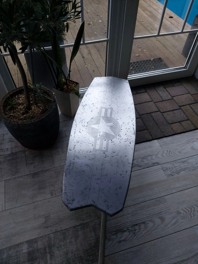 Surfboard Inspired Coffee Table With Star & Rivets Pattern Minimalist Loft Top Metallized Aluminum in Vintage Steampunk Style