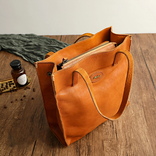 Tote For Woman, Leisure Retro Style, Office Bag With A Bag, Load Laptop Yellow Brown, Bag Essentials, Handle Ziplock Cow Leather