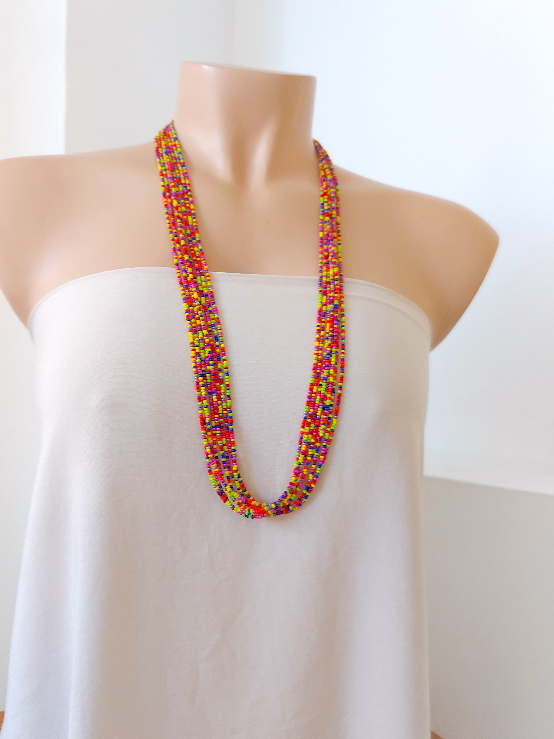 Bohemian Long Beaded Necklace, Colorful Multi Color Summer Unisex Necklace
