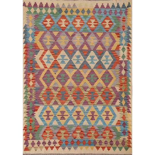 Colorful Kilim Area Rug Flat-weave Geometric Wool Carpet - 4'10" x 6'4"