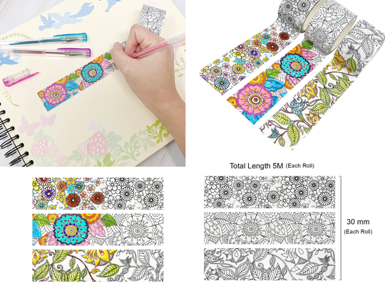 3 Rolls Diy Washi Tape Color It Yourself Coloring Floral in Do