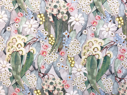 May Gibbs Gumnut Babies, Eucalyptus Leaves & Flowers Floral Quilting Organic Cotton Fabric By 1/2 Yard Or Fat Quarter, Australian