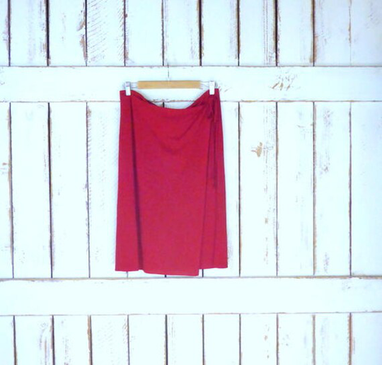 90S Vintage Dkny Red Orange Stretch Faux Wrap Pencil Skirt/Stretch Waist Knee Length Midi Skirt/Large