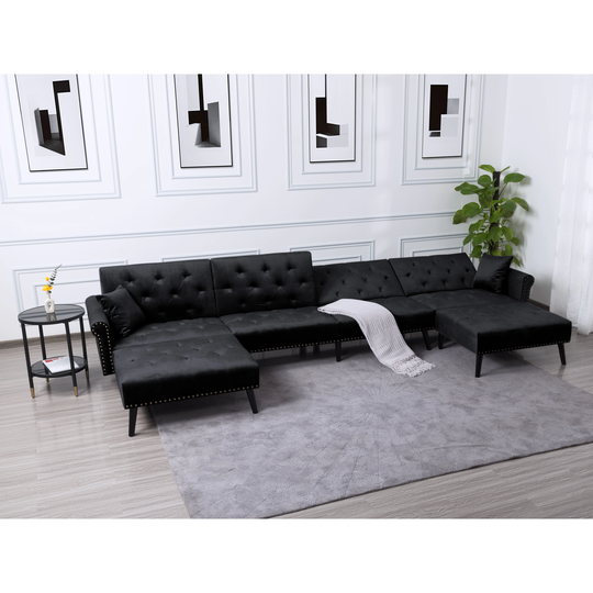 150" Symmetrical Sofa & Chaise Convertible Sofa Bed, U-shaped Velvet Sectional Sofa with Ottoman and Nailheads