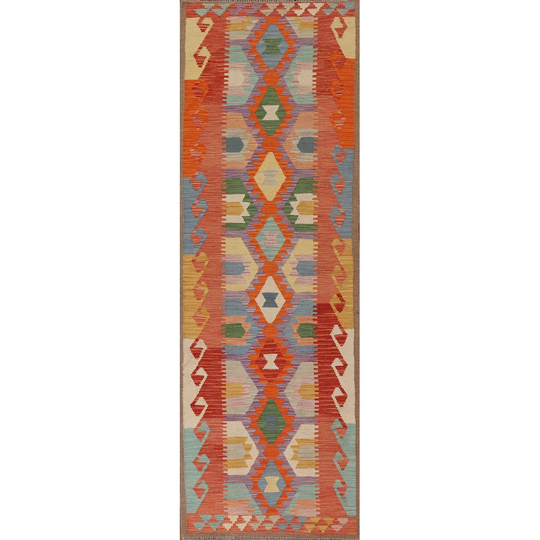 Colorful Kilim Oriental Runner Rug Flat-weave Geometric Wool Carpet - 2'10"x 10'2"