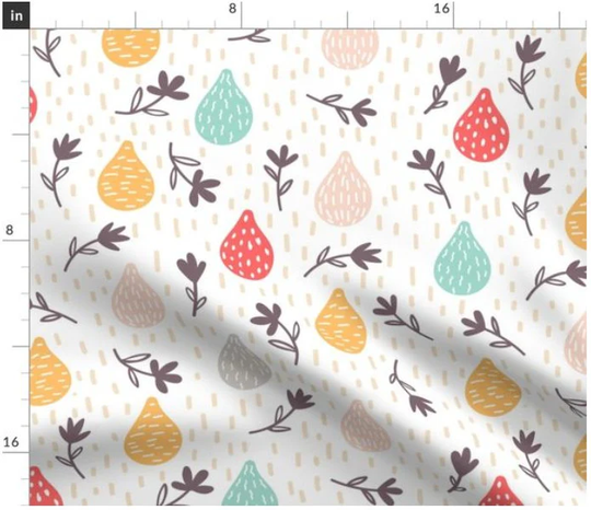 Spring Rain Showers Fabric By The Yard | Raindrops Nature Pastel Outdoors Print To Order Custom