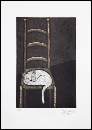 Etching, Cat On Chair, Handprinted Paper, Signed & Numbered Edition, Mariann Johansen-Ellis, Cat Lovers, White