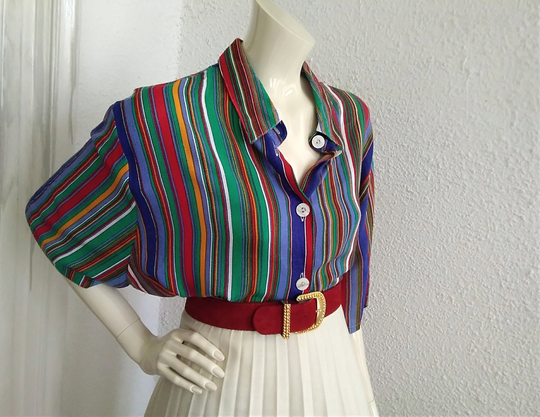 80S Colorful Blouse Pop-Art Vivid Colors Button Up Shirt Striped Oversize 50/52 Size Multicolor Summer Vacation