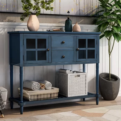 Trexm Sideboard Console Table With Bottom Shelf, Farmhouse Wood/glass Buffet Storage Cabinet Living Room