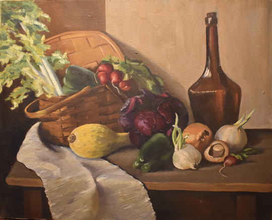 Vintage Fruit On Table Art Painting Of Still Life Oil Vegetables Celery Onion Radish Garlic Gourd Basket