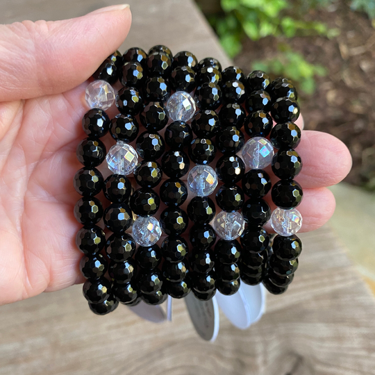 Faceted Black Onyx & Angel Aura Quartz Grounding Bracelet Bra6