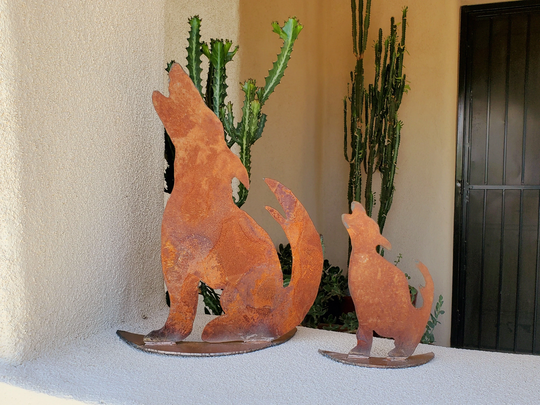 Metal Coyote Howling On Crescent Moon Base/Metal Sculpture Wolf Dog Art Southwest Yard Rustic Garden Handmade Gift