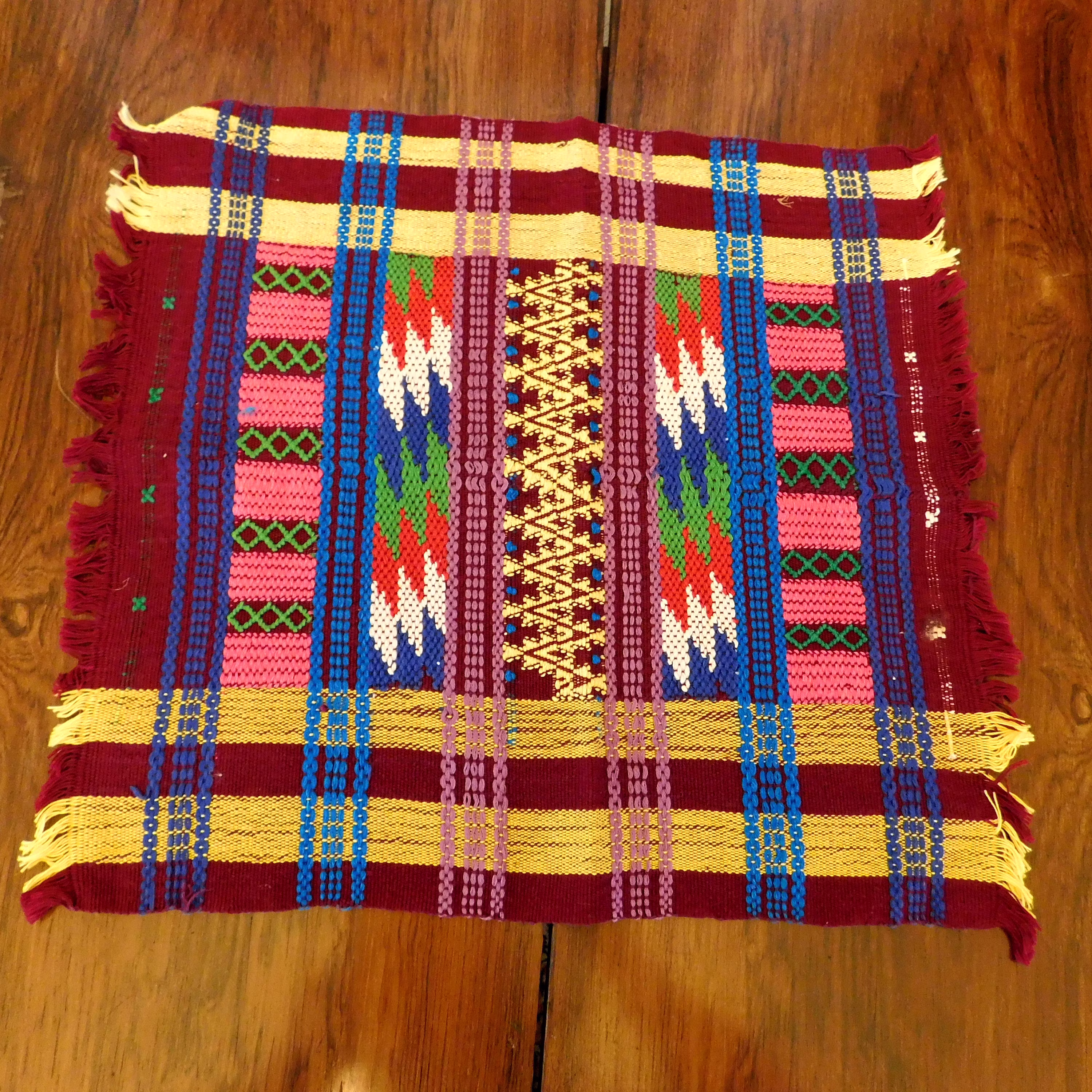 Vintage Hand-Woven Table Mat - Colorful Weaving From Guatemala? Ethnic Striped Textile With Fringe 16" X 14-1/2" Free Shipping