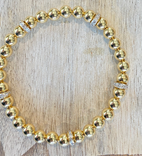 18K Gold Diamond Roundel Beaded Bracelet- Natural Bracelet - Stackable Stretch 18K
