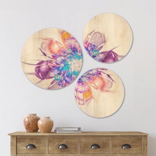 Designart 'Perfect Fractal Flower in Multi Colors' Floral Wood Wall Art Set of 3 Circles - Multi-Color