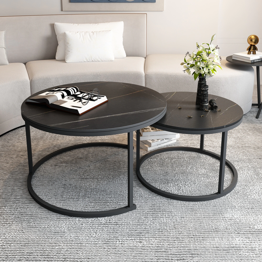 EPOWP Modern Round Nesting Coffee Table Set of 2 with Black Faux Marble Top,Metal Frame