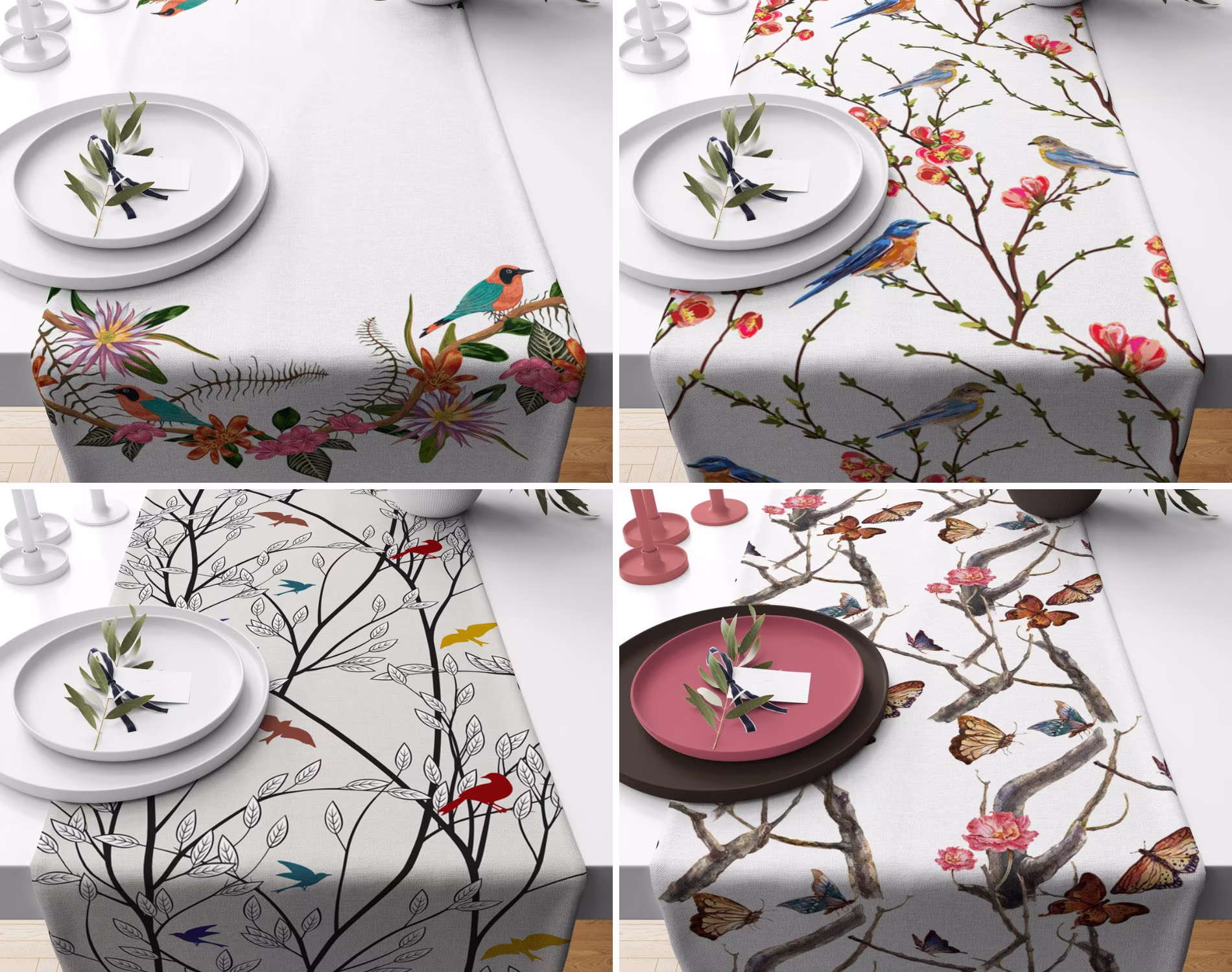 Bird Table Runner, Tropical Sheet, Spring Top, Butterfly Floral Design Home Decor