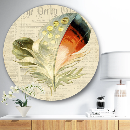 Designart 'Colorful Elegant Feather On Old Style Newspaper IV' Cottage Metal Circle Wall Art