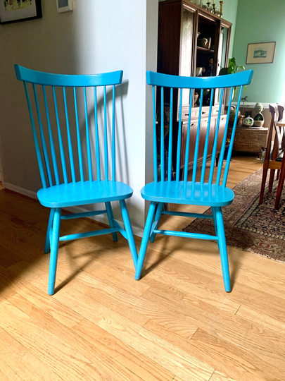 Two Blue Tall Windsor Chairs | Crinkle Painted Matching Back Pair Of Fan |Dining