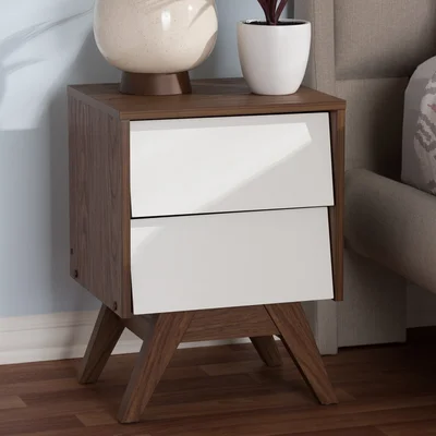 Blinda Mid-Century Modern White And Walnut Wood 2-Drawer Storage Nightstand