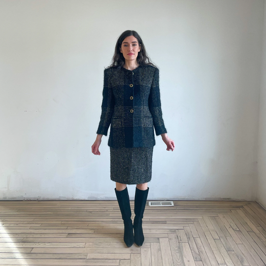 80S Suit Set Blazer Skirt Matching Black Tweed Mohair Wool Pencil Structured Gold Button Collarless Office