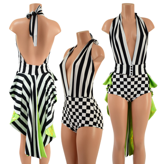 2Pc Josie Romper/Black & White Striped Bodice, & Checkered Hips + Tux Back Belt in Stripes Neon Lime Holo 1579165