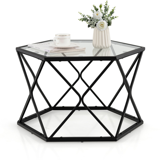 Costway Coffee Table Geometric Glass Modern W/Tempered Glass Top & - See Details