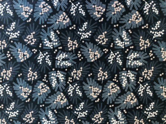Australian Native Silver Wattle Blooming Flower All Over Navy Blue Floral Quilting Cotton Fabric By 1/4, 1/2 Yard Or Fat Quarter