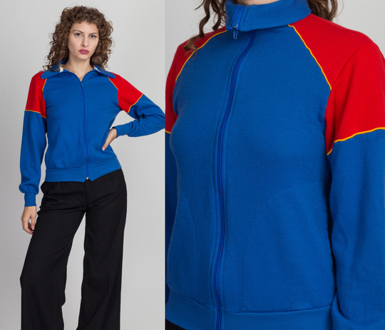 70S 80S Red Blue Color Block Track Jacket - Women's Small, Men's Xs | Vintage Unisex Zip Up Tennis Sweatshirt