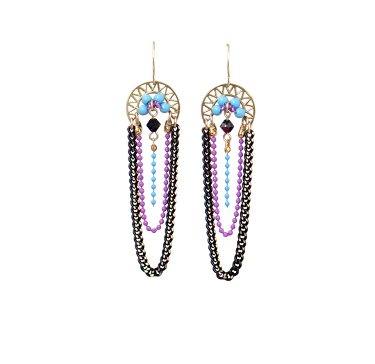 Colorful Chandelier Earrings, Dangle Chain Earring, Swarovski Crystal & Pearl Black Turquoise Pink Party Earrings