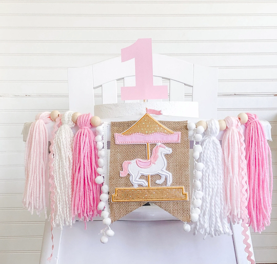 Carousel Birthday High Chair Yarn Tassel Banner, Cake Smash Backdrop First