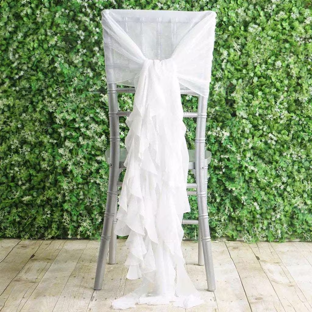 White Premium Curly Chiffon Chair Cover Cap With Sashes